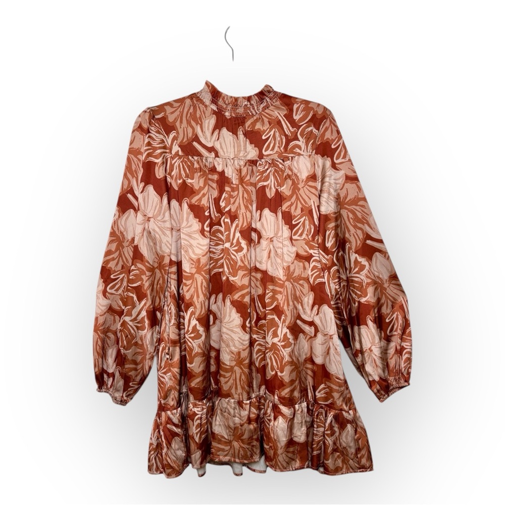Fantastic Fawn Brown Floral Tiered Mini Dress Romantic Boho Folk Small